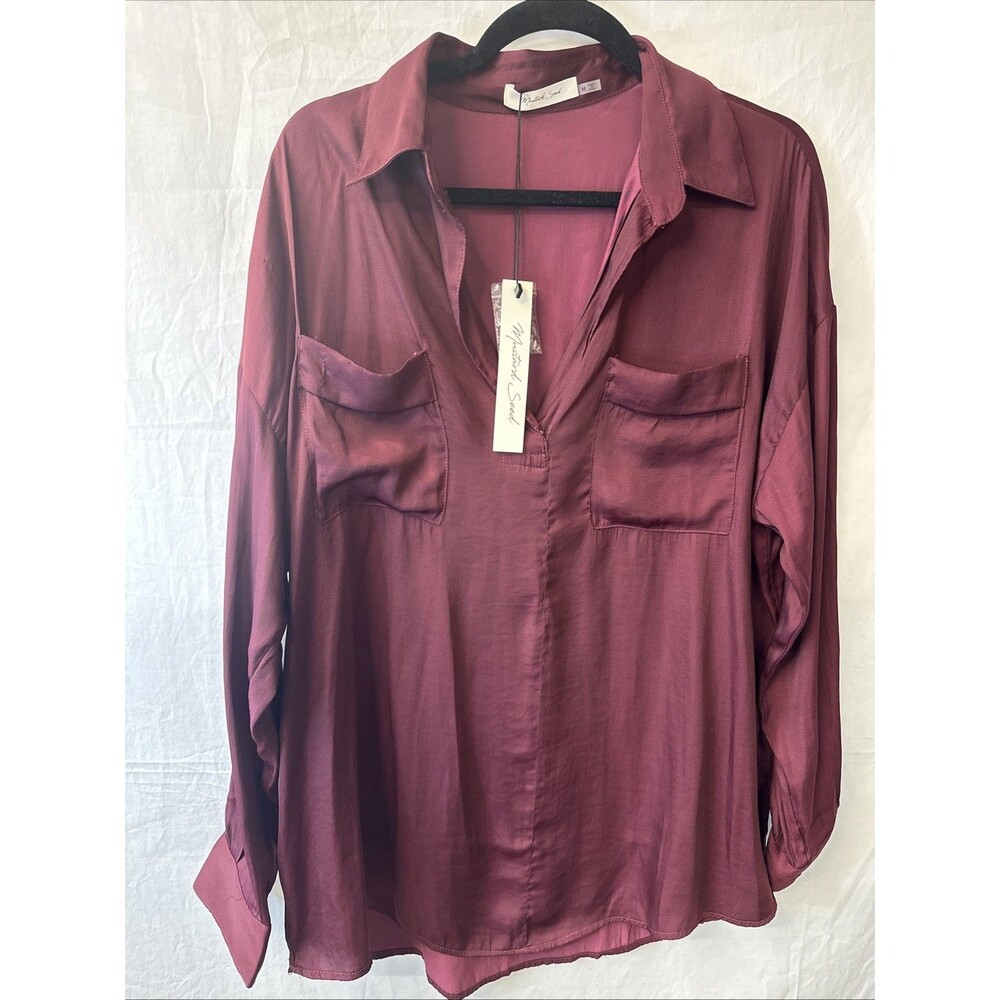 Mustard Seed Burgundy Satin Utility Blouse Long Sleeve Pockets